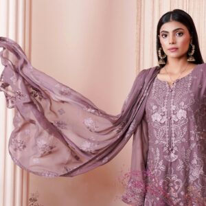 Model in embroidered dress posing in a Lahore studio, showcasing traditional Pakistani fashion with elegance.