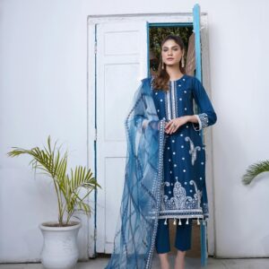 Woman in traditional blue dress near a doorway with plants, Lahore setting.