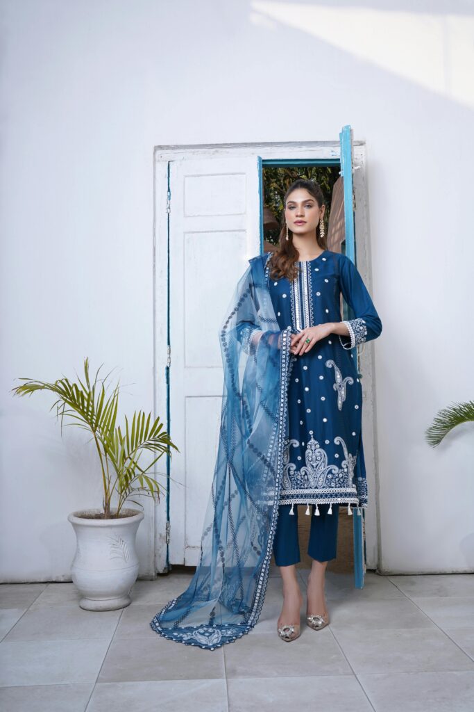 Woman in traditional blue dress near a doorway with plants, Lahore setting.